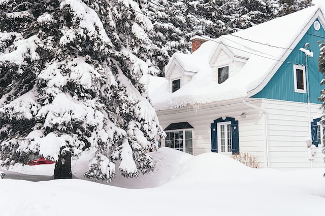 huis bedekt in sneeuw bij een bos